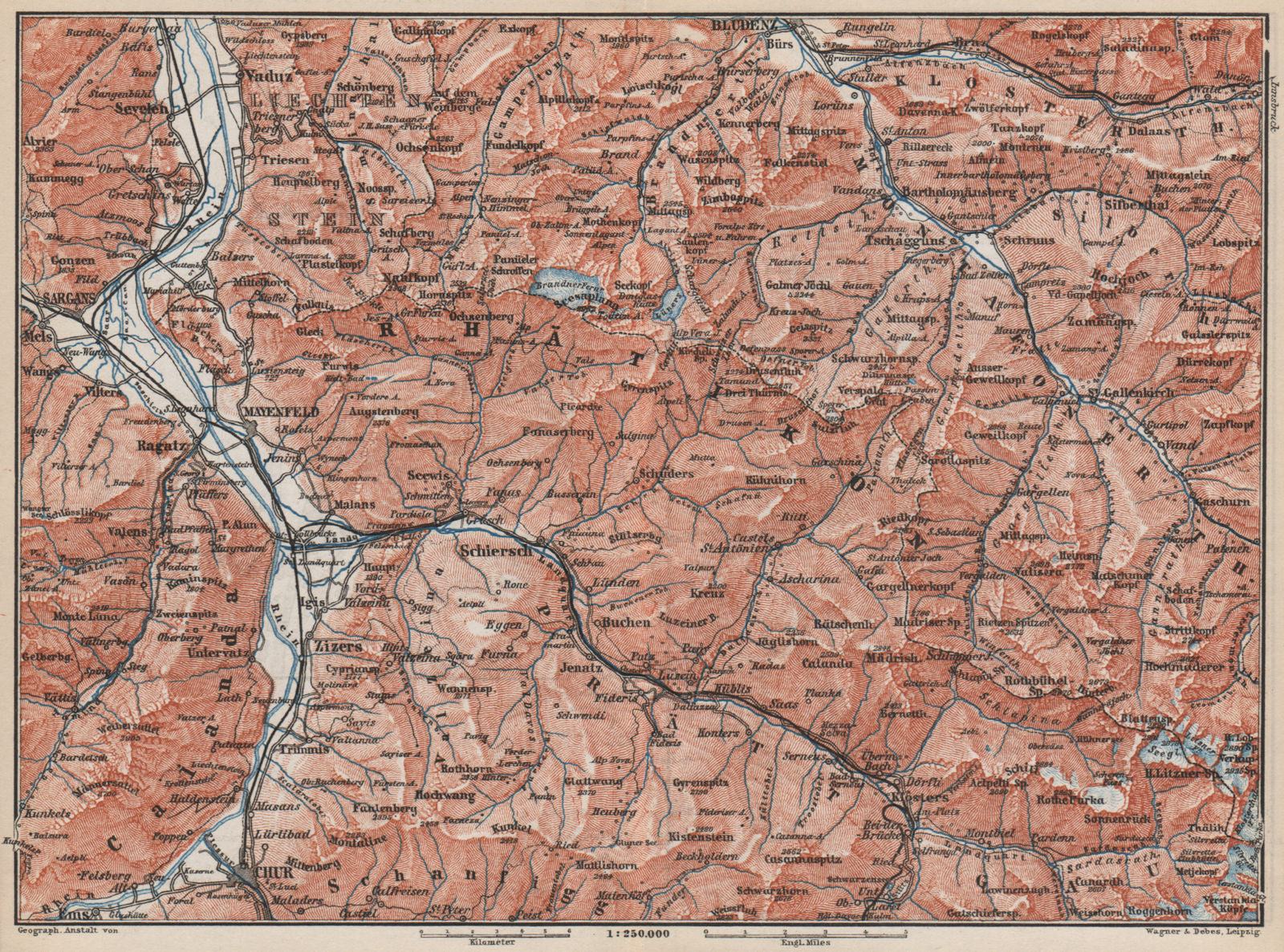 BAD RAGAZ PRÄTIGAU MONTAFON ENVIRONS. Wangs Rätikon Bludenz Maienfeld 1889 map